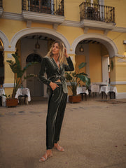 Thea silk blend velvet side stripe trouser - Khaki / Forest