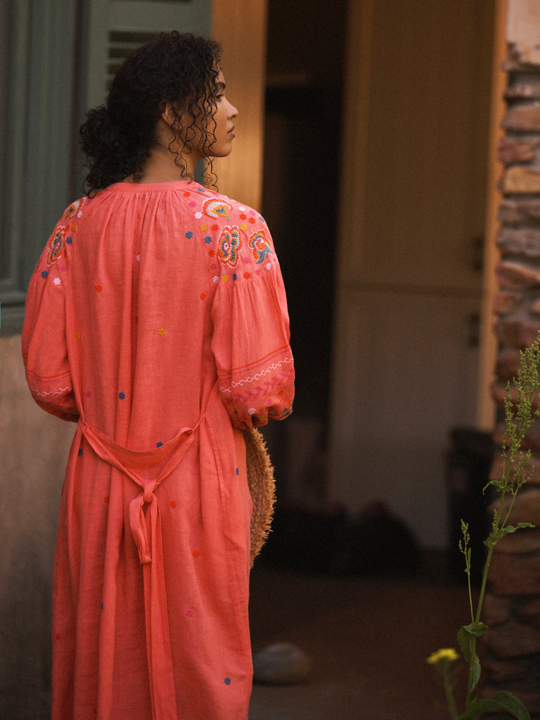 Erica Linen Embroidered Dress in Soft Orange | NRBY Clothing