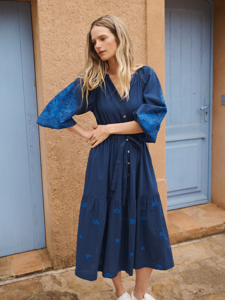 Nova Cotton Embroidered Dress in Navy | NRBY Clothing Nova Cotton Embroidered Dress in Navy | NRBY Clothing