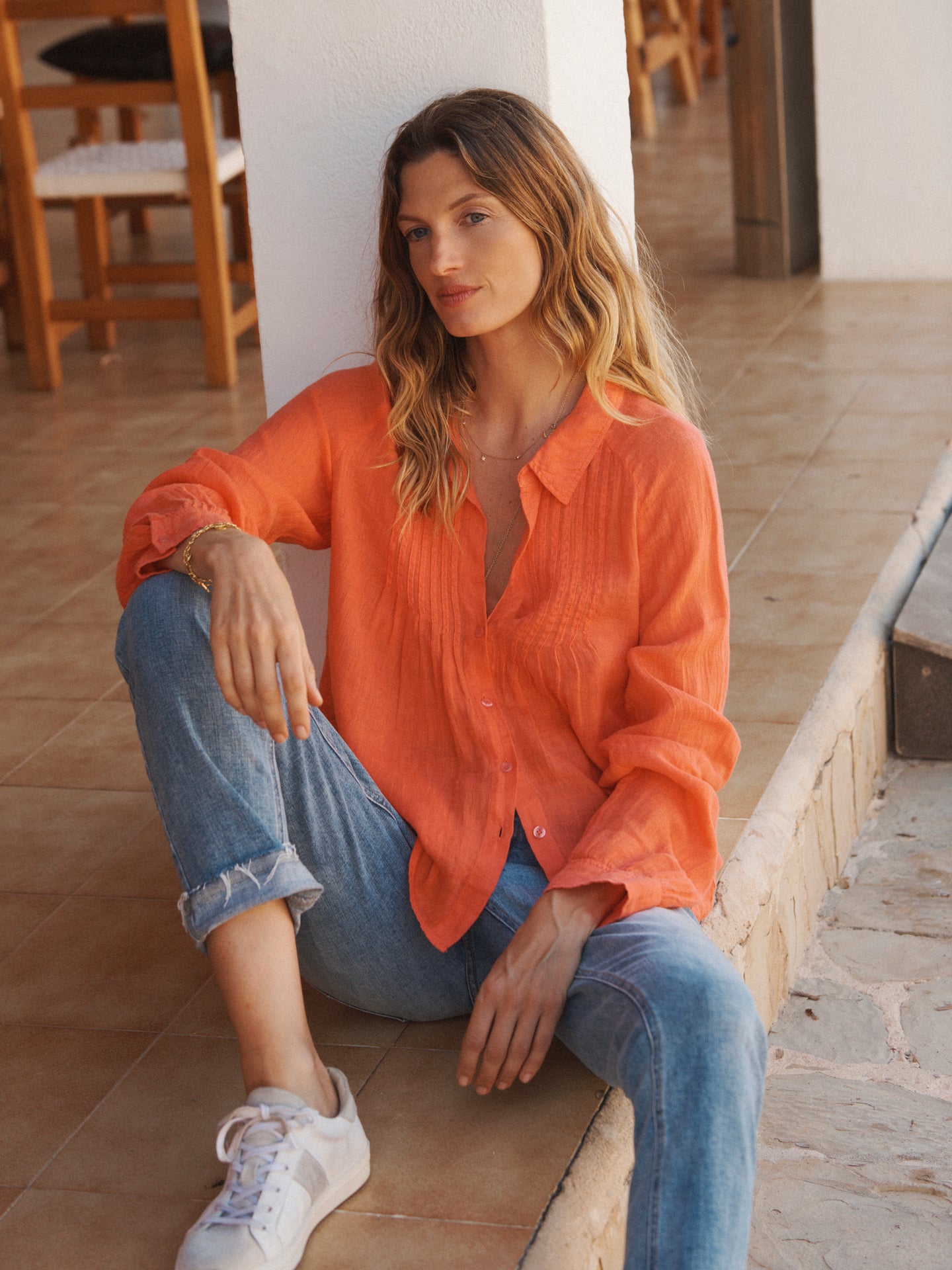 Lydia gauze linen pintuck shirt - Orange