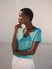 Charlie linen v neck t shirt - Aqua