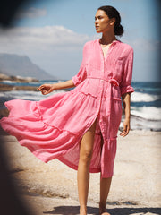 Braga gauze linen tiered dress - Peony Pink
