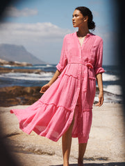 Braga gauze linen tiered dress - Peony Pink