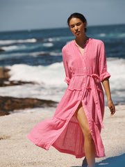 Braga gauze linen tiered dress - Peony Pink