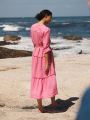 Braga gauze linen tiered dress - Peony Pink