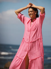 Braga gauze linen tiered dress - Peony Pink