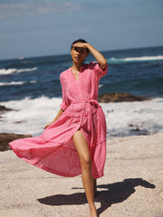 Braga gauze linen tiered dress - Peony Pink