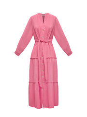 Braga gauze linen tiered dress - Peony Pink
