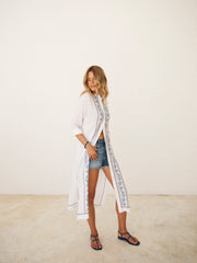 Comporta linen floral embroidered dress - White
