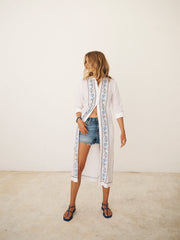 Comporta linen floral embroidered dress - White