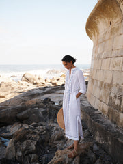 Comporta linen floral embroidered dress - White