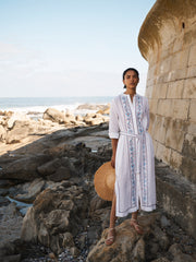 Comporta linen floral embroidered dress - White