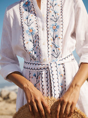Comporta linen floral embroidered dress - White