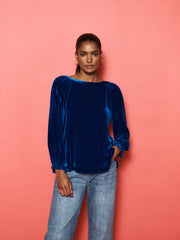 Daphne Silk Blend Velvet Boat Neck Top - Lapis