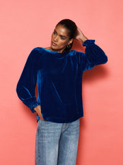 Daphne Silk Blend Velvet Boat Neck Top - Lapis