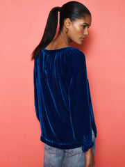 Daphne Silk Blend Velvet Boat Neck Top - Lapis
