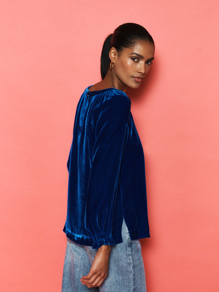 Daphne Velvet Boat Neck Top - Lapis | NRBY Clothing