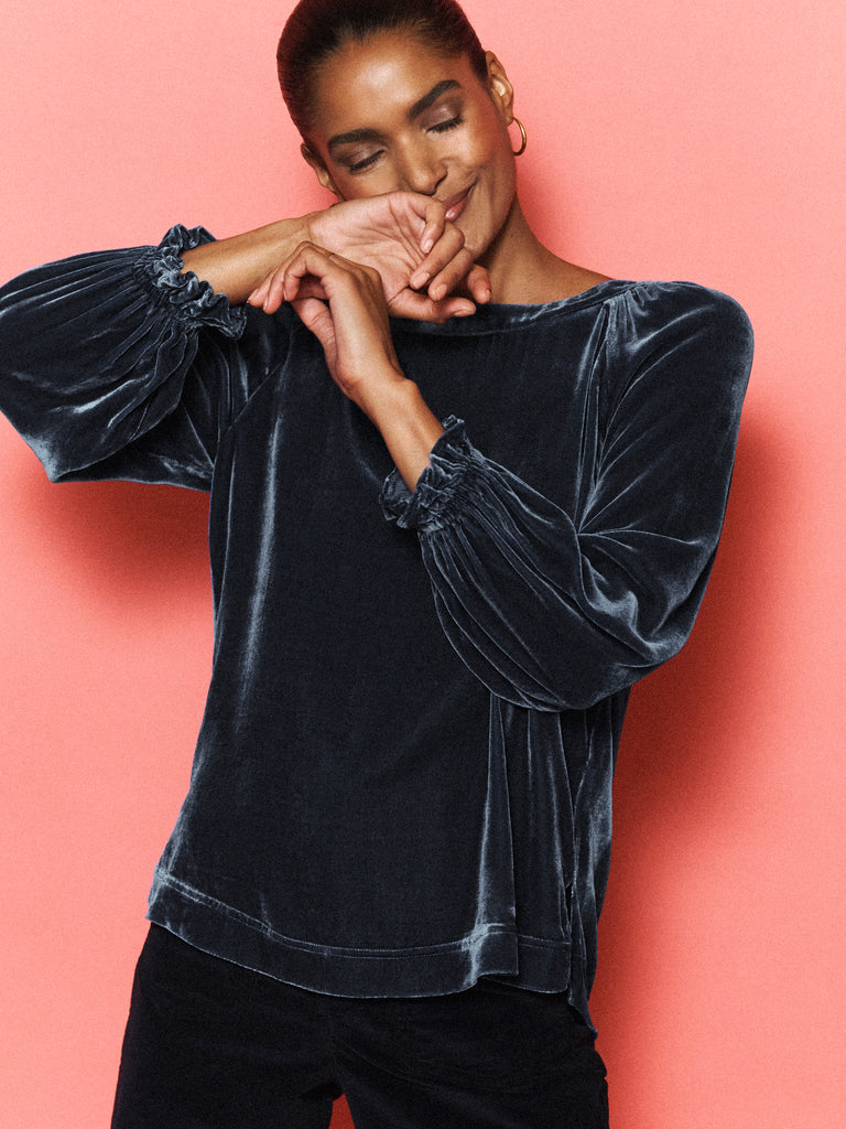 Daphne Velvet Boat Neck Top - Carbon | NRBY Clothing