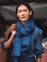 Check Scarf with Pompom Tassel