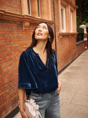 Leena silk blend velvet top - Denim Blue
