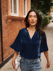 Leena silk blend velvet top - Denim Blue