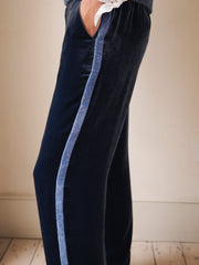 Thea silk blend velvet herringbone side stripe trouser - Denim Blue