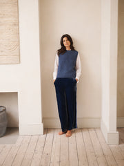 Thea silk blend velvet herringbone side stripe trouser - Denim Blue