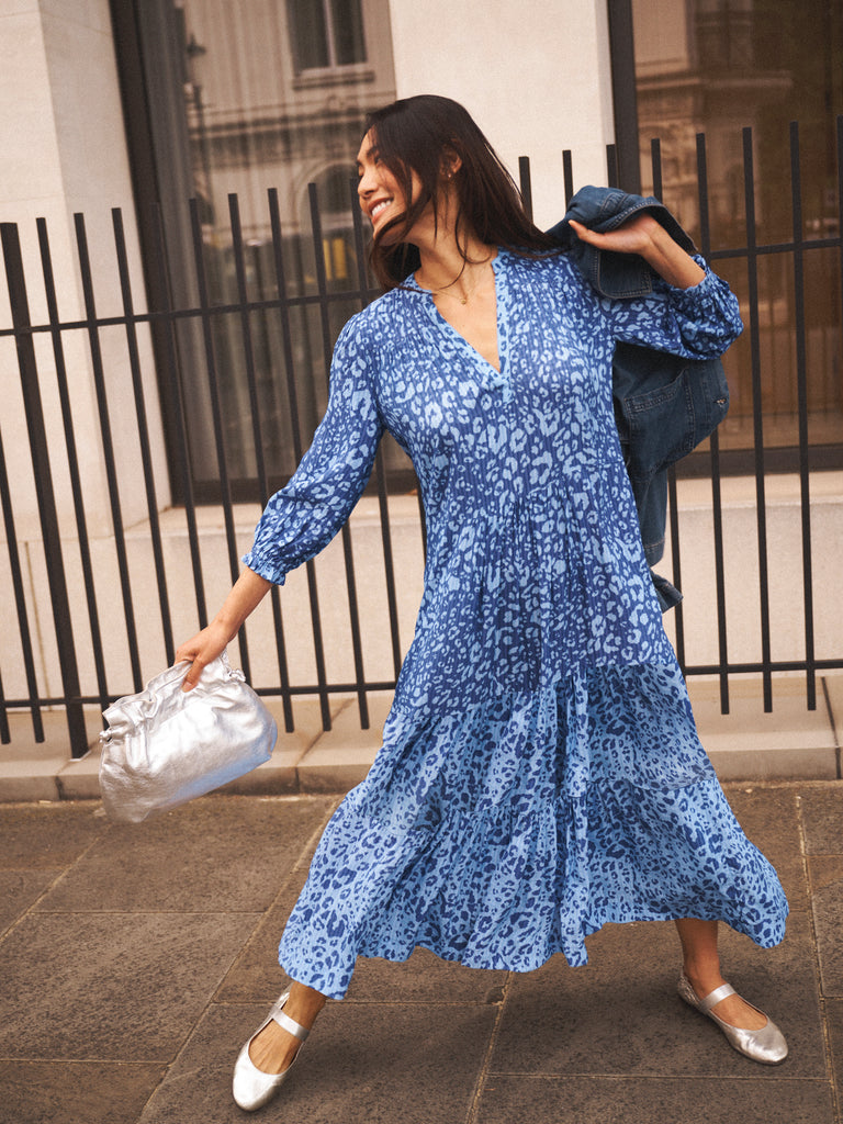 Naomi Viscose Tonal Animal Printed Dress in Blue | Women's Luxury Blue Everyday Dress