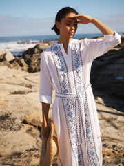 Comporta linen floral embroidered dress - White