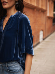 Leena silk blend velvet top - Denim Blue