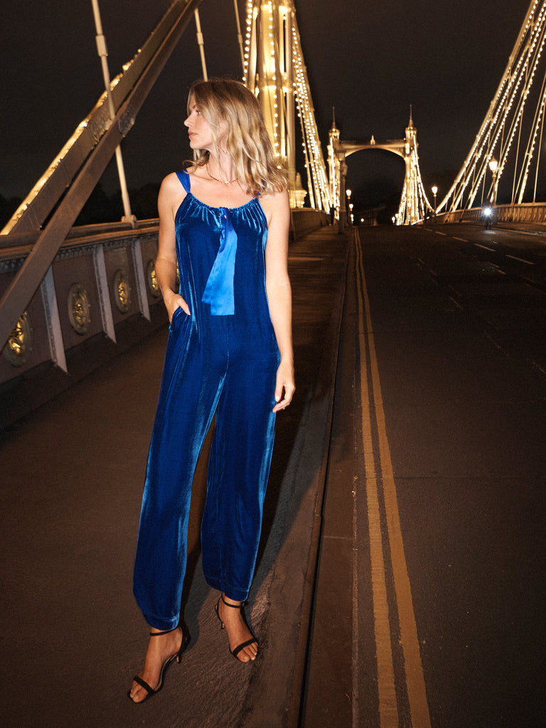 Lettie Velvet Jumpsuit in Lapis Blue | NRBY Clothing