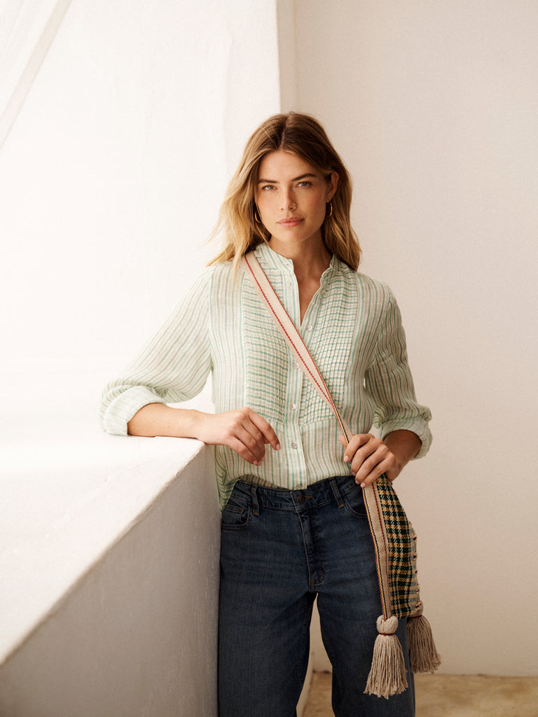 Zoe Gauze Linen Pleated Shirt in Green Stripe | Luxury Summer