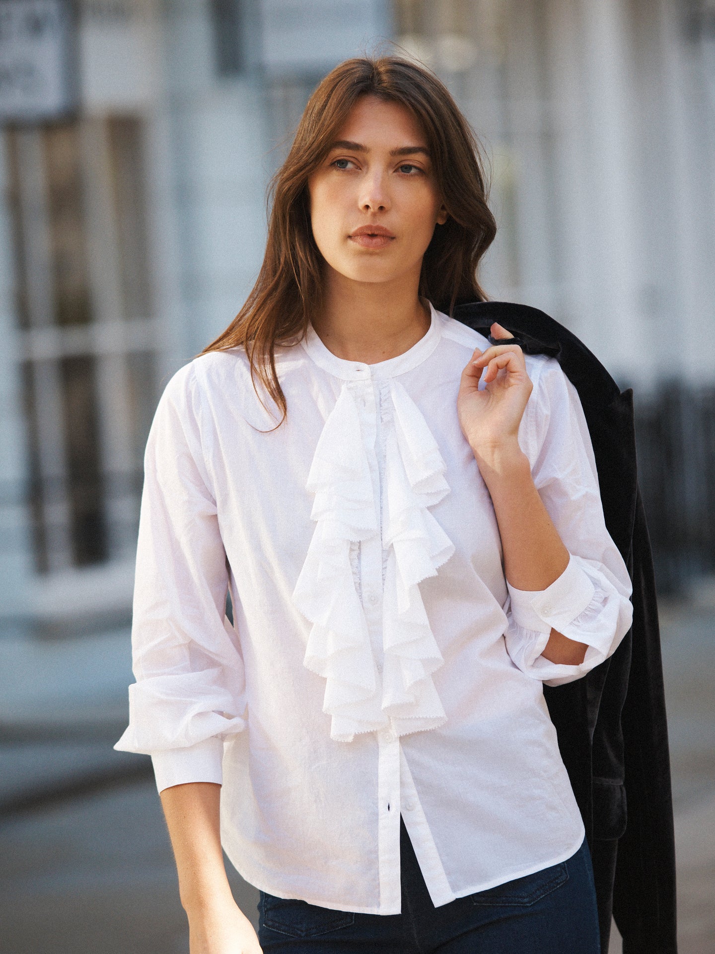 Suzie cotton frill shirt in White | NRBY Clothing Suzie cotton frill shirt in White | NRBY Clothing