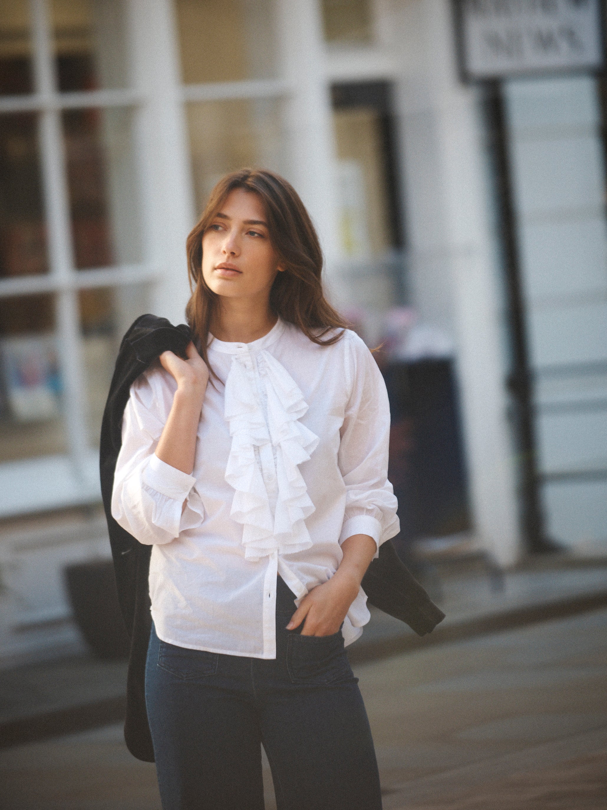 Suzie cotton frill shirt in White | NRBY Clothing