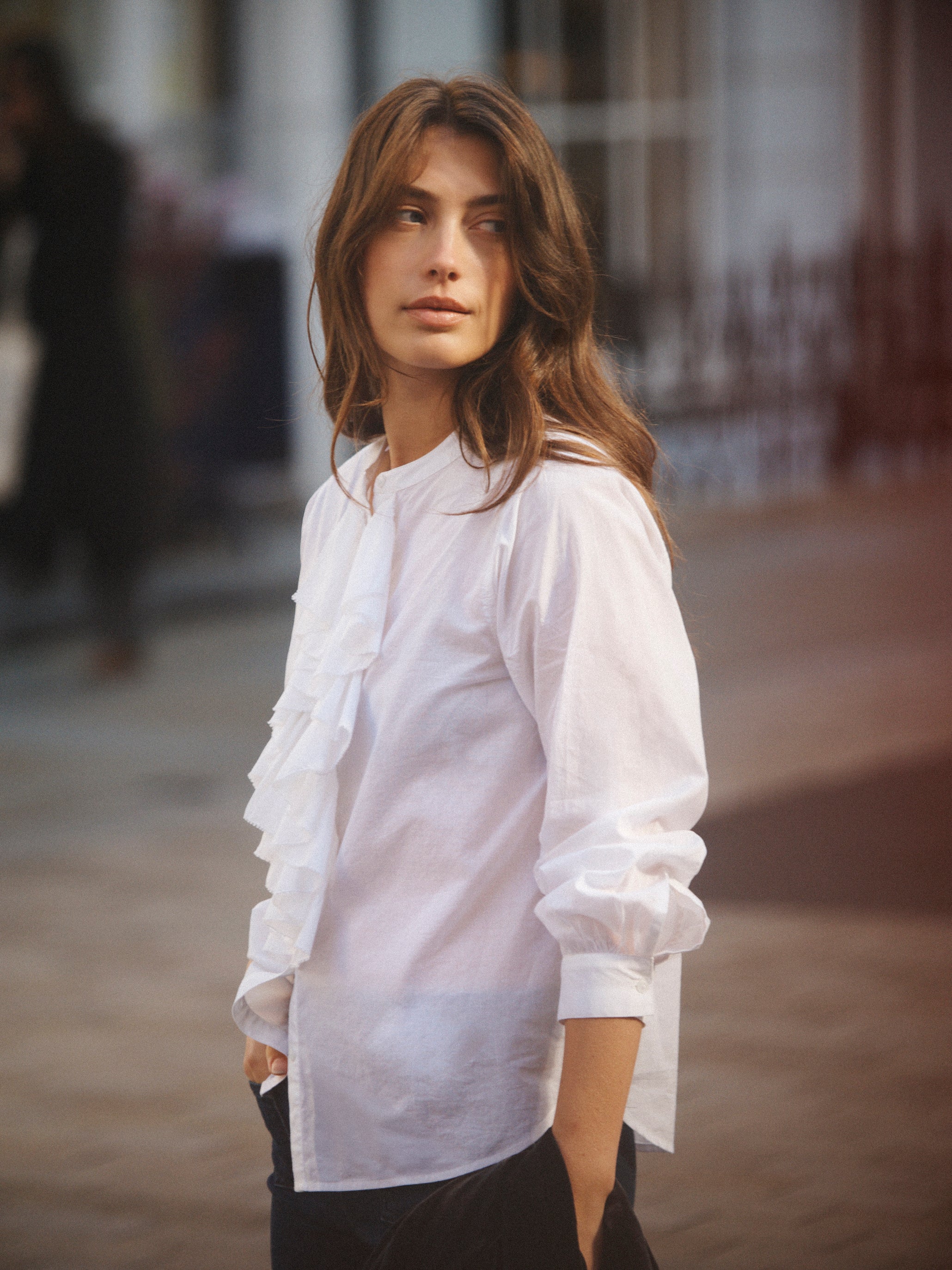 Suzie cotton frill shirt in White | NRBY Clothing