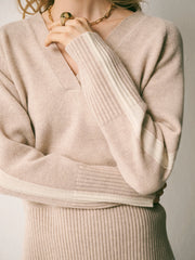 Devora merino side stripe sweater - Oyster / Ivory | NRBY Clothing