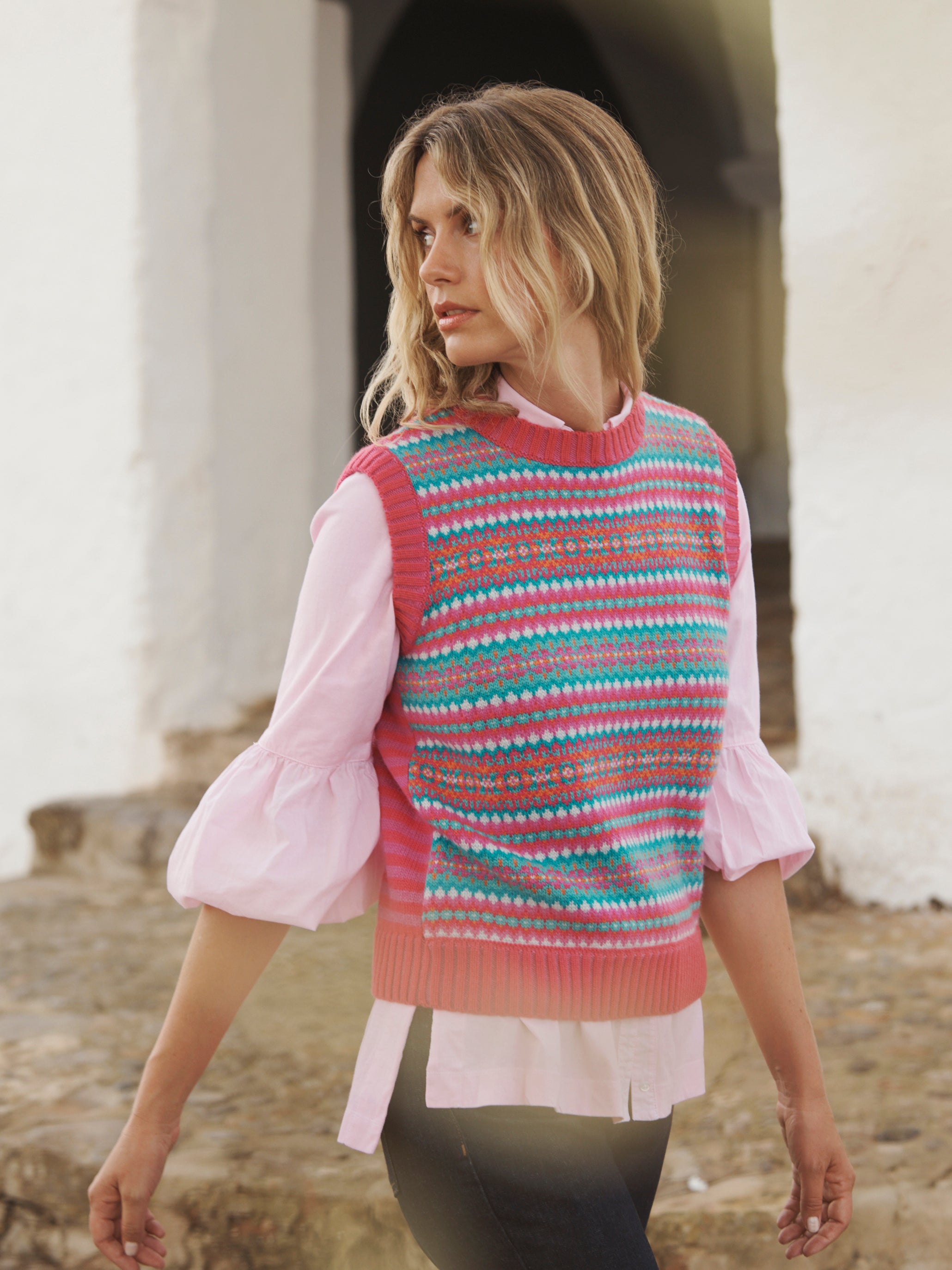 Fallon Merino Cashmere Fairisle Tank in Multi Pink | NRBY Clothing