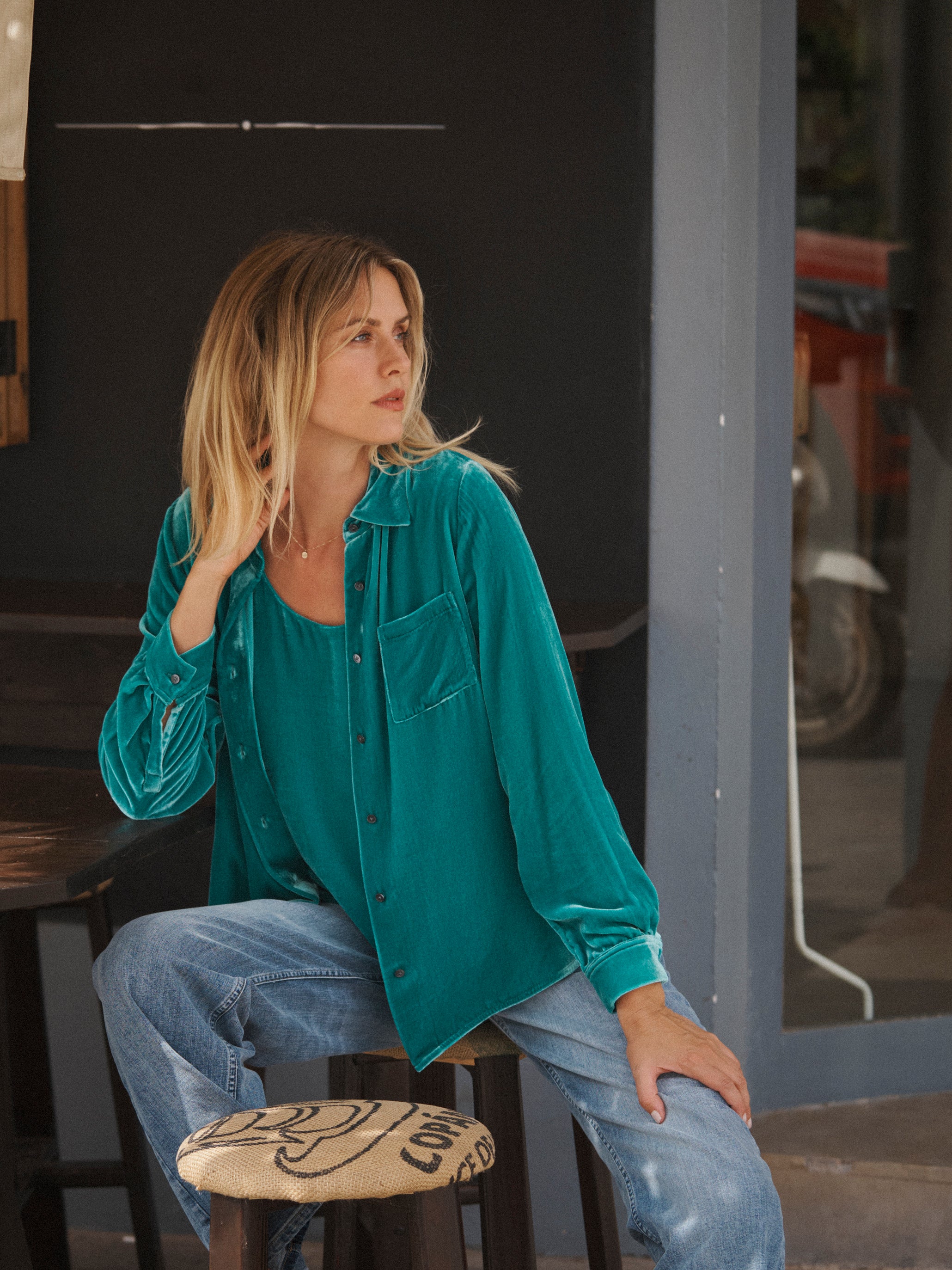 Chiara velvet shirt in Sea Green | NRBY Clothing.
