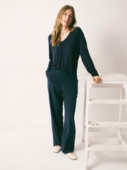 Thea silk piped trouser - Navy with Ivory piping | NRBY Clothing