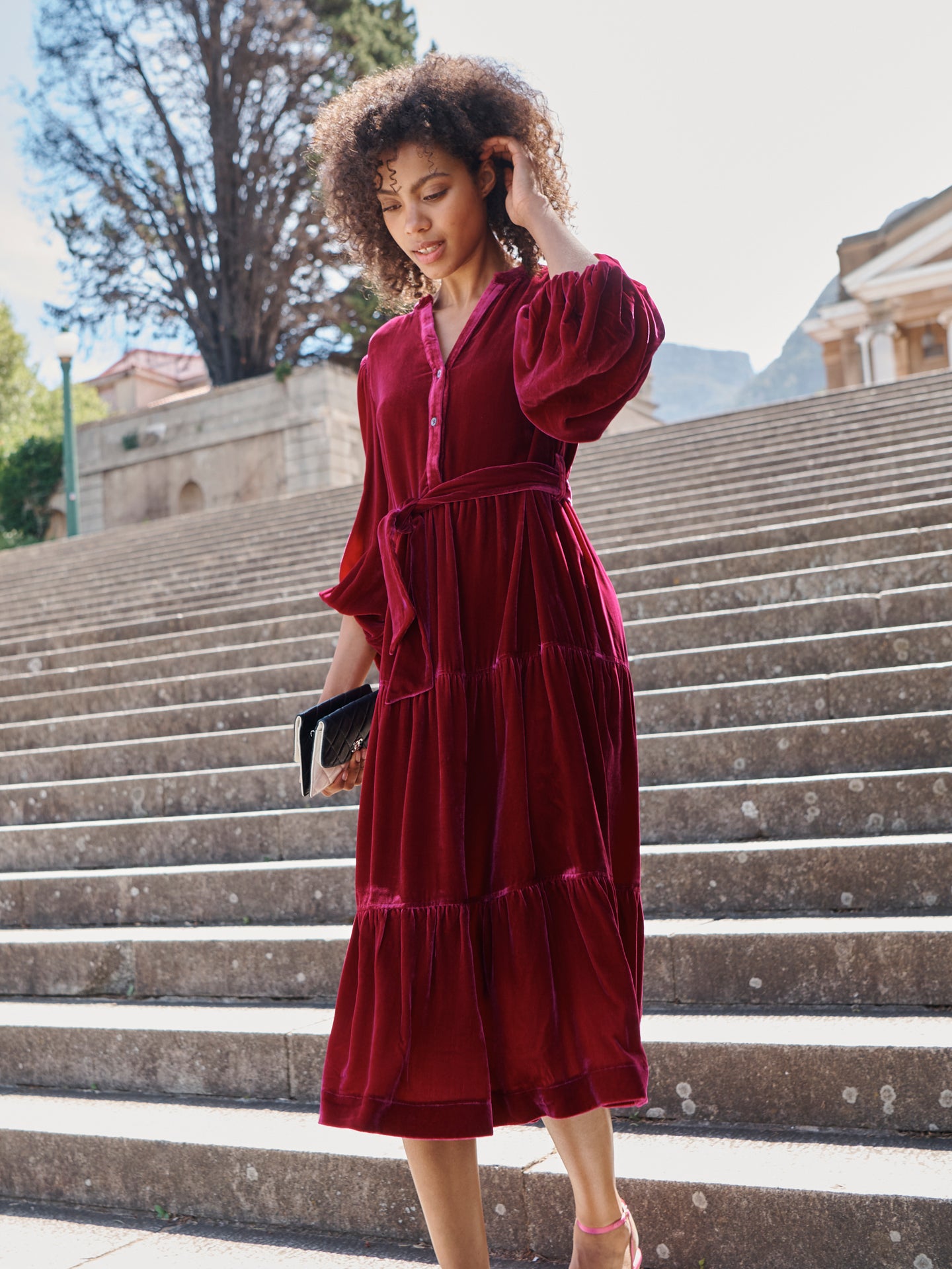 Ana velvet tiered dress - Hot Pink