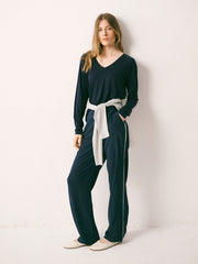 Thea silk piped trouser - Navy with Ivory piping | NRBY Clothing