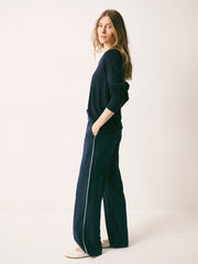 Thea silk piped trouser - Navy with Ivory piping | NRBY Clothing