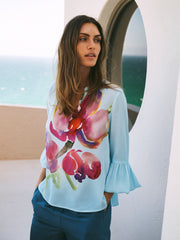Oleta silk orchid print top - Silver blue | NRBY Clothing