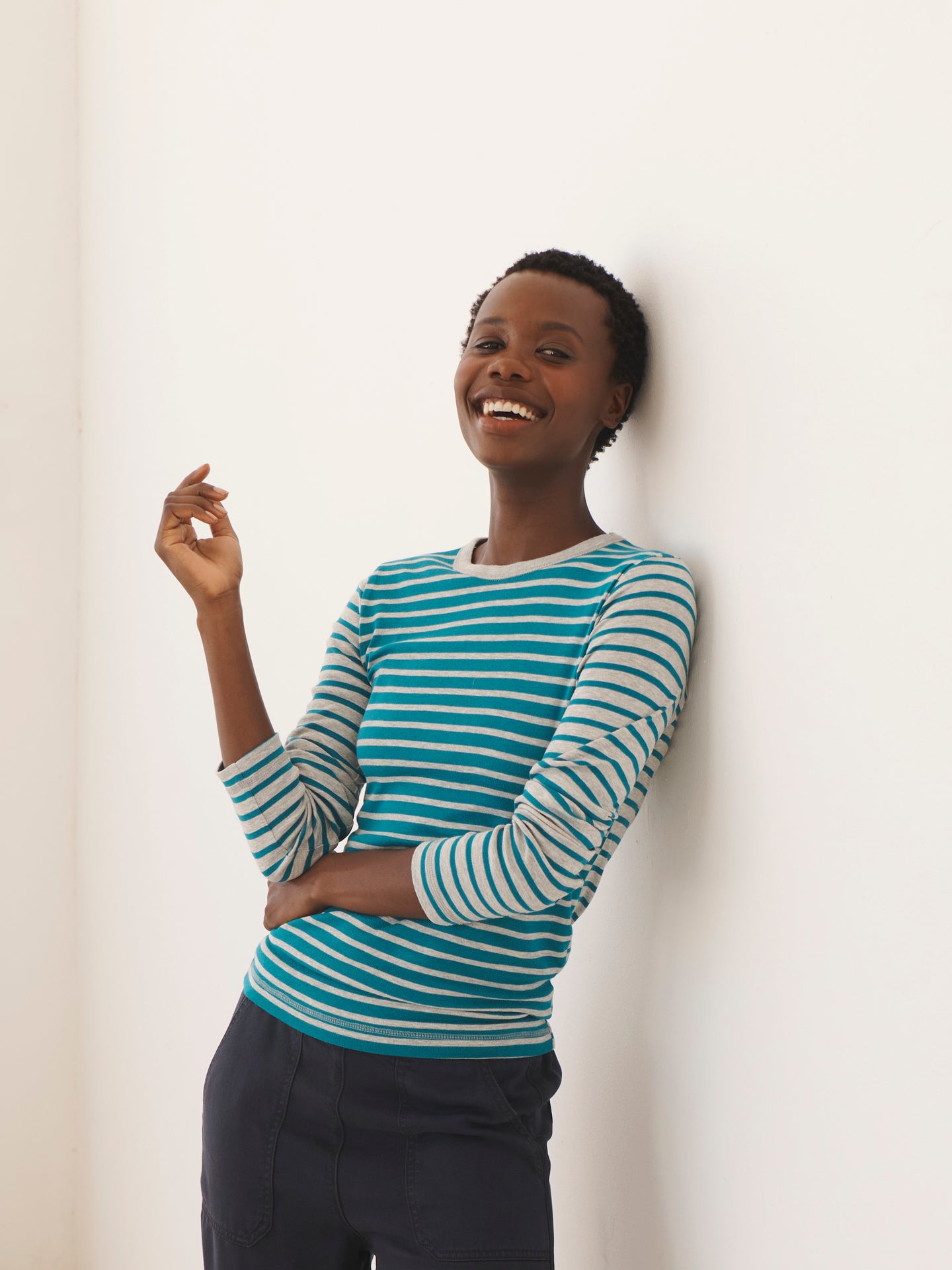 Billie two-tone cotton rib stripe t-shirt - Grey/Peacock Blue