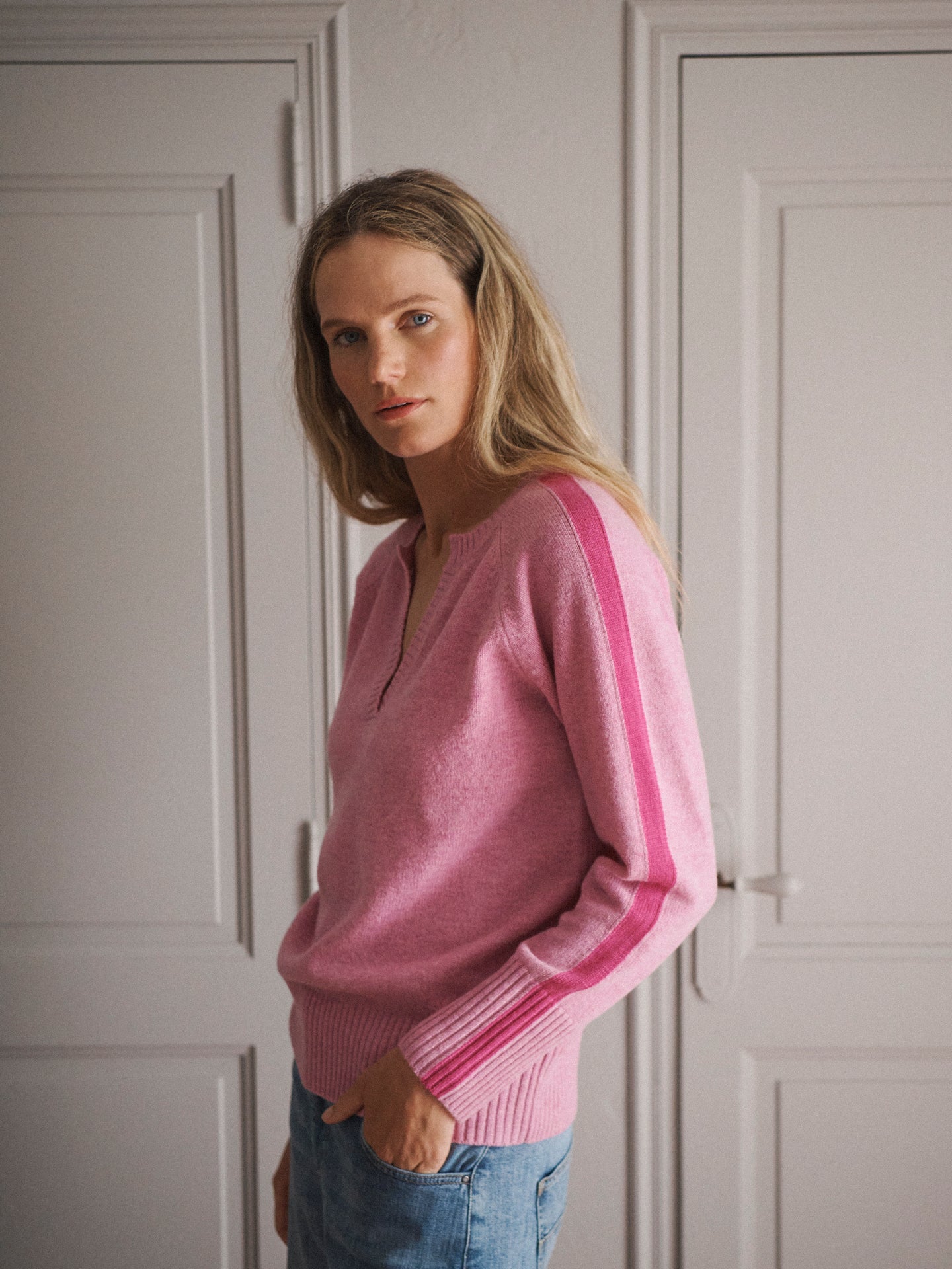 Salma side stripe sweater - Mid Pink / Bright Pink