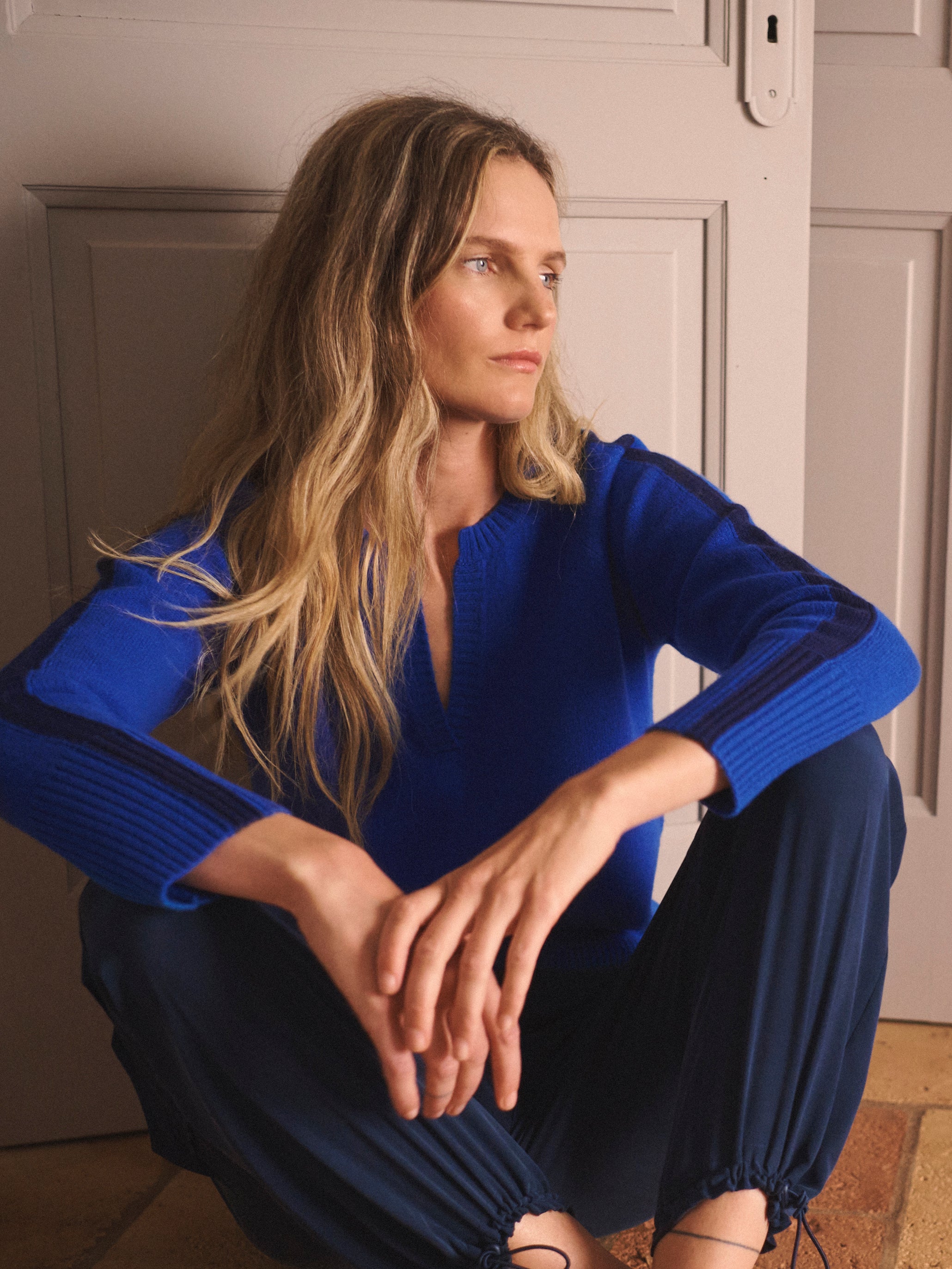 Salma Cashmere Side Stripe Sweater in Lapis Blue and Navy – NRBY