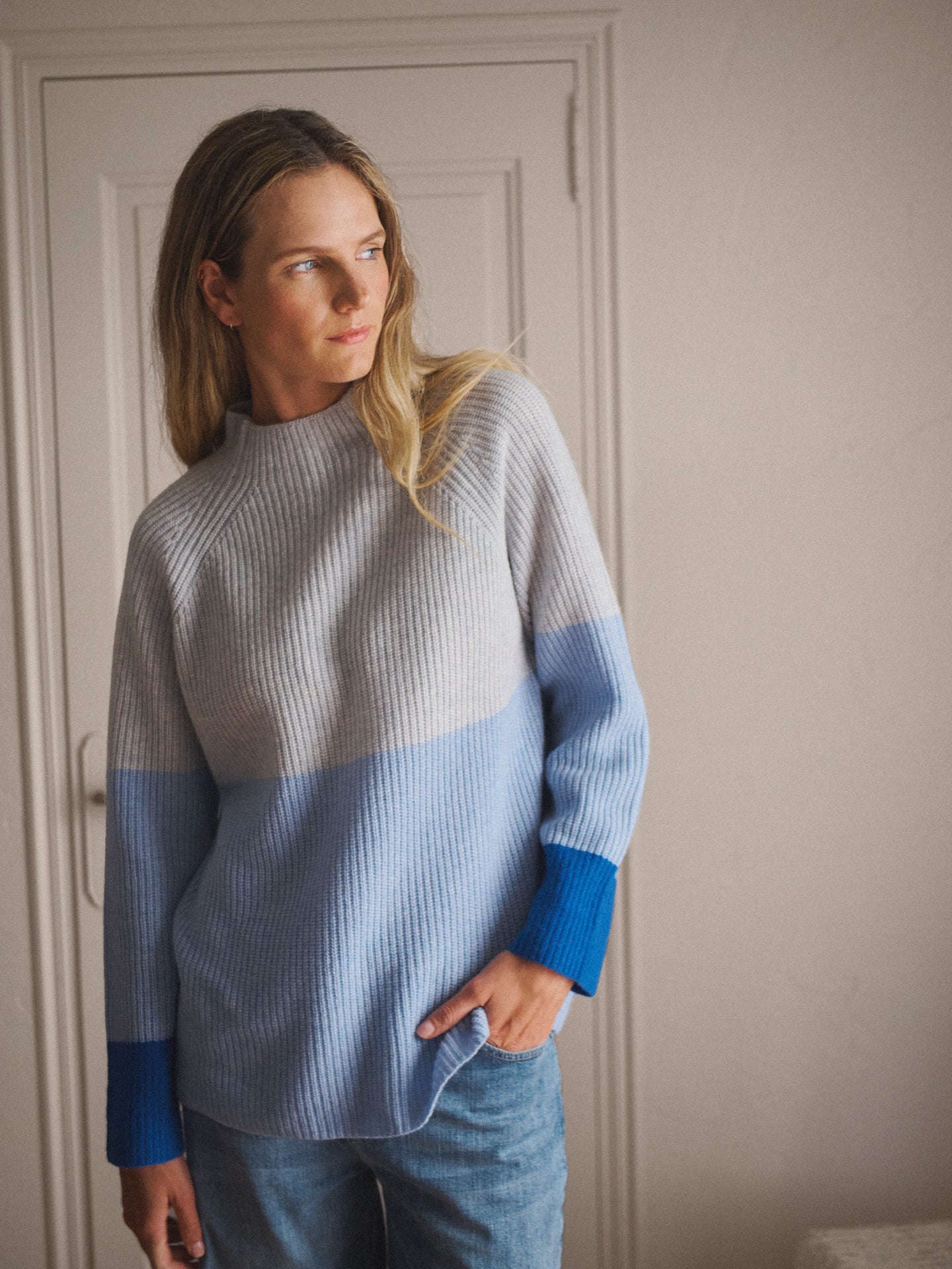 Reese merino cashmere sweater - Light Grey and Blue