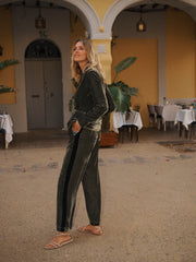 Velvet Blazer & Velvet Palazzo Trouser Suit - Khaki