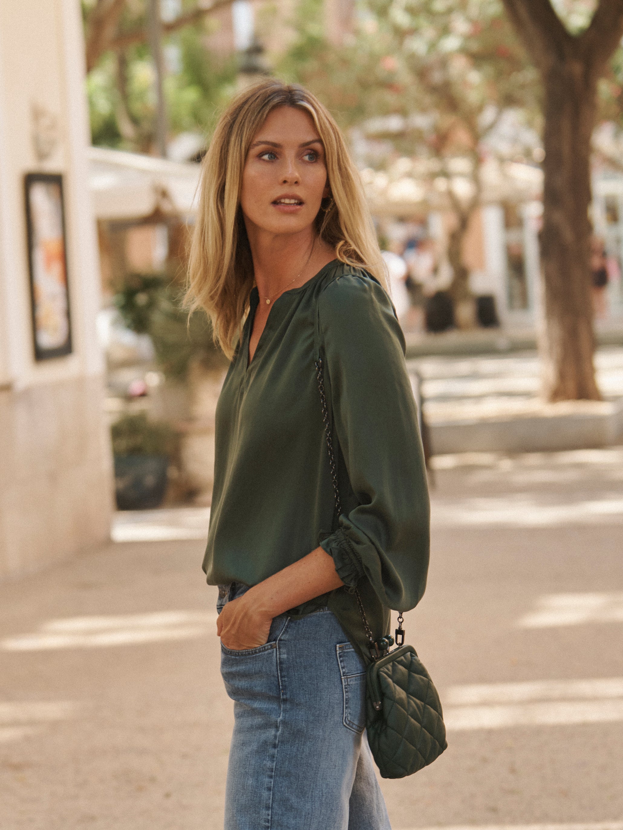 Nikki silk satin shirt in Khaki Green | NRBY Clothing
