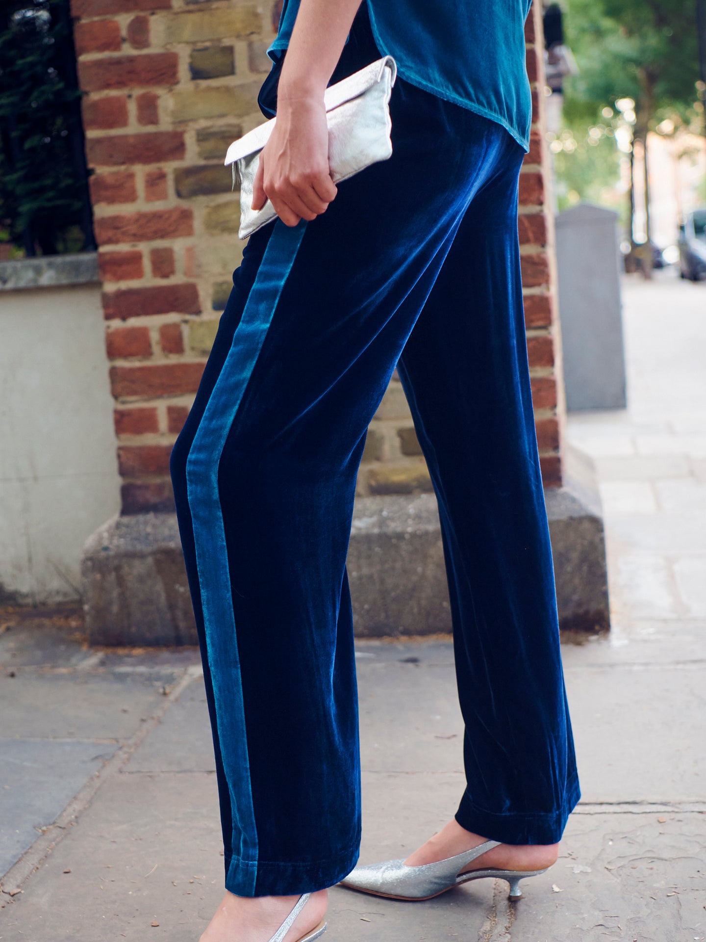 NRBY Thea Silk Blend Velvet Trousers, Peacock Blue, Midnight at